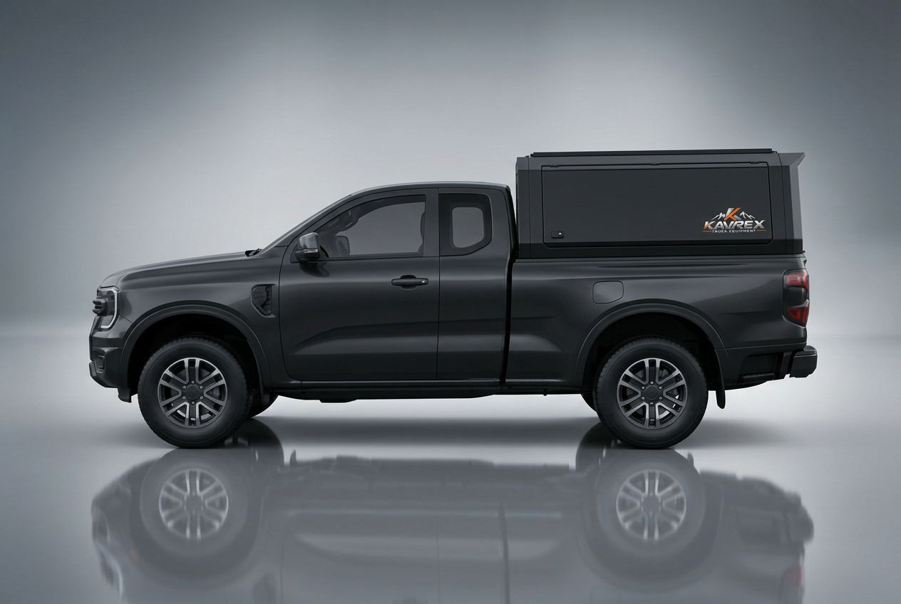 KAVREX aluminum truck canopy side profile with small KAVREX badge decal