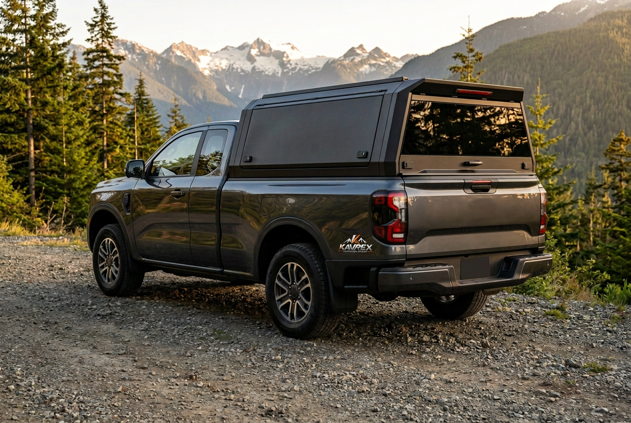 KAVREX aluminum truck canopy on a pickup in the British Columbia mountains