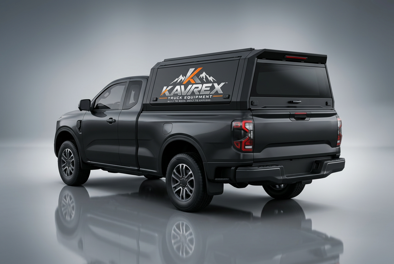 KAVREX matte black aluminum truck canopy installed on a pickup — rear three-quarter studio view