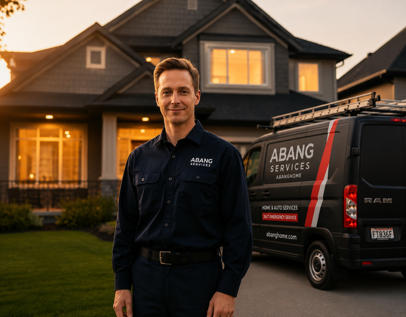 ABANG SERVICES technician in uniform beside a matte black ABANG service van outside a home