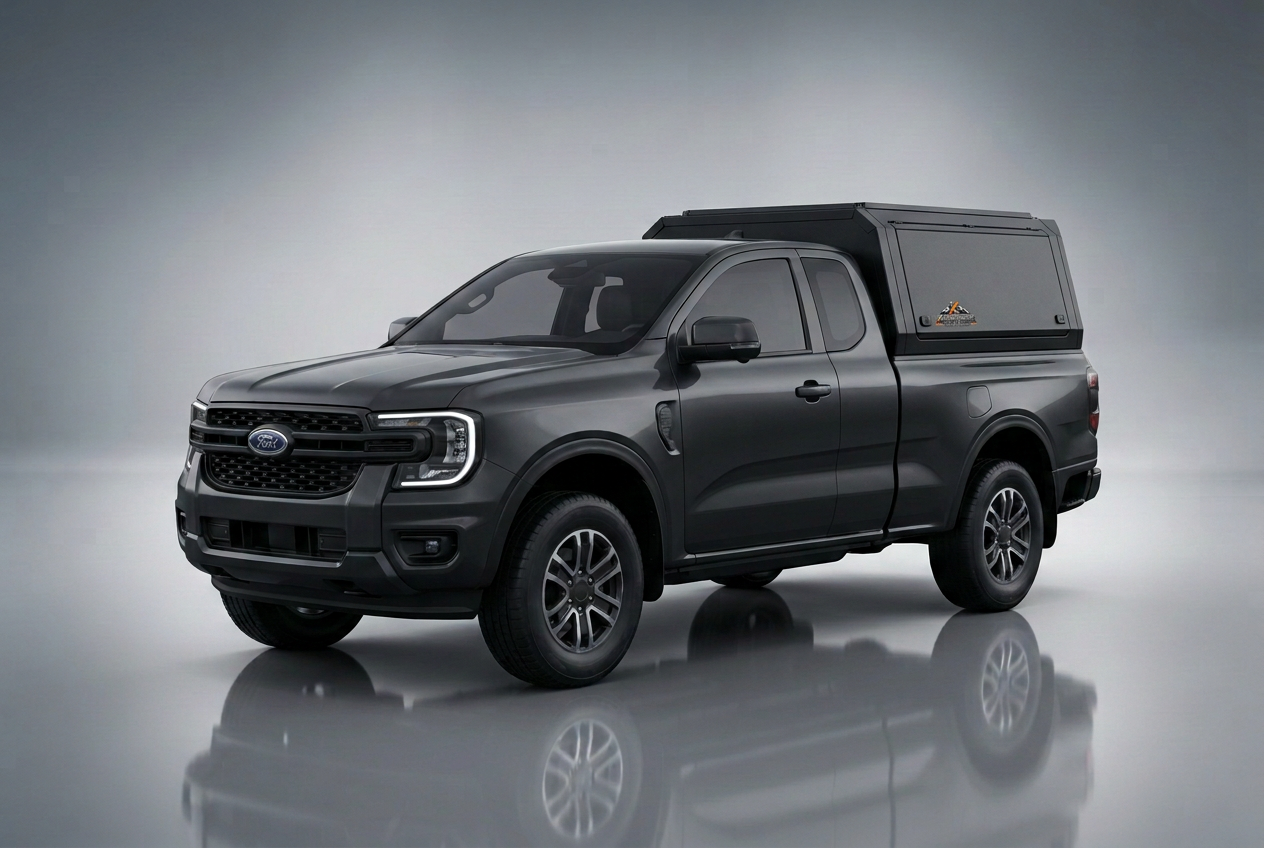 KAVREX aluminum truck canopy on a pickup — front three-quarter studio view