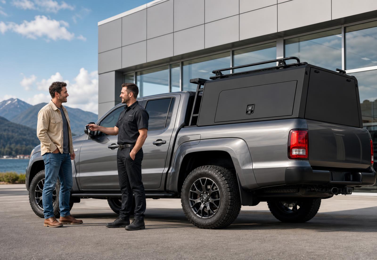 Customer receiving keys to a pickup truck with a newly installed ABANG aluminum canopy outside a modern Canadian installation centre