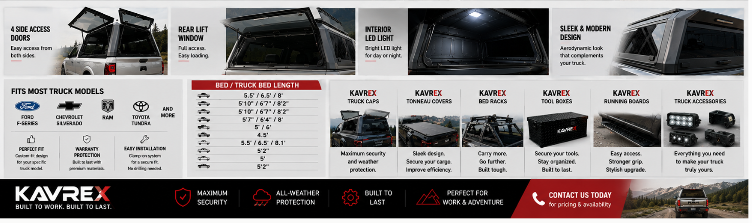 KAVREX truck cap features — side access doors, rear lift window, interior LED light, fits most truck models, and the KAVREX product line