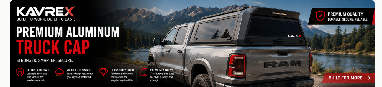 KAVREX Premium Aluminum Truck Cap — secure, weather resistant, heavy-duty build, fits most truck models