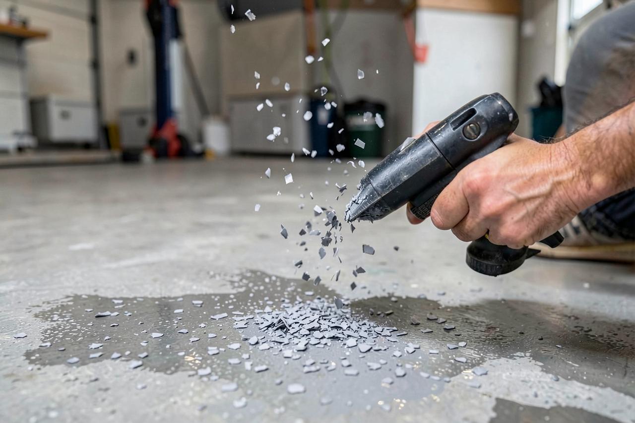 Decorative vinyl flakes broadcast across a wet garage floor base coat