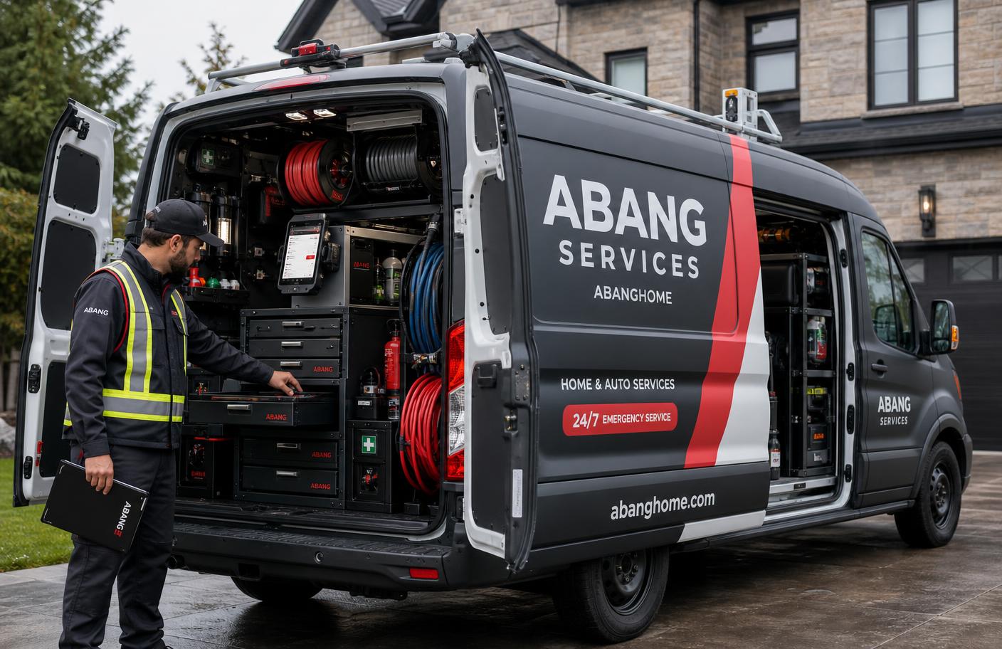 Equipped ABANGHOME partner service unit with organized tools and mobile job system