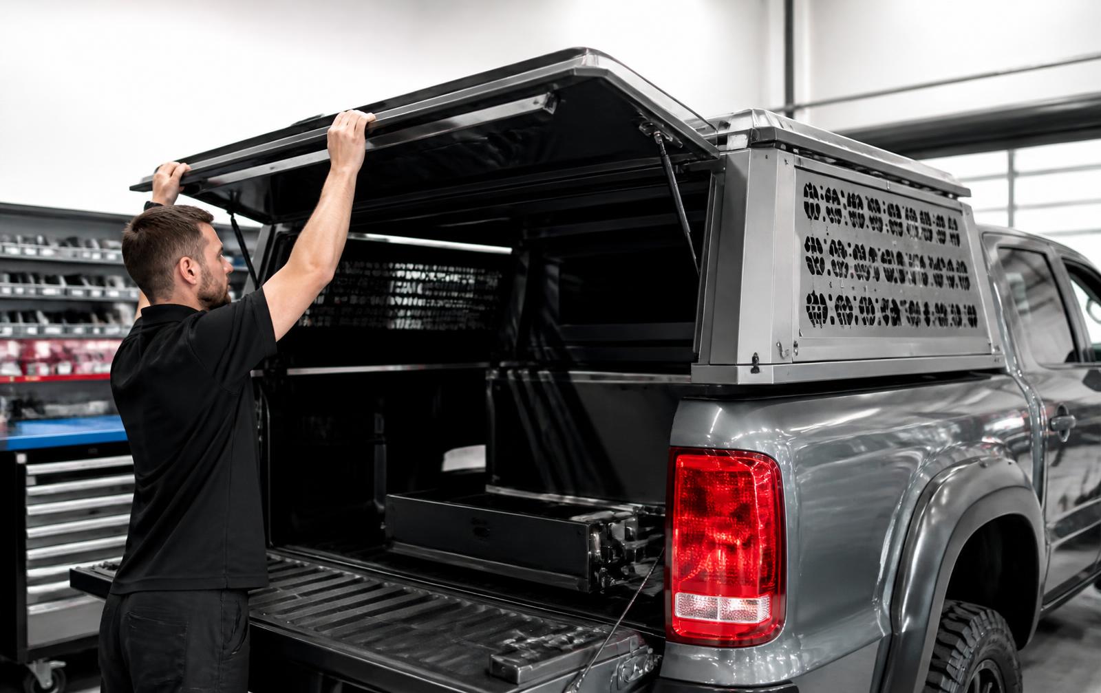 ABANG technician installing an aluminum canopy on a pickup truck